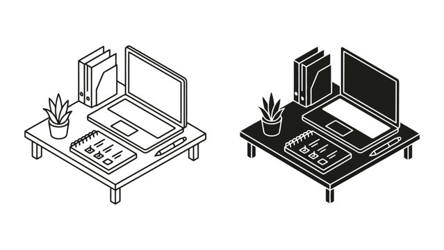 Isometric home office desk setup with laptop and plant workspace computer