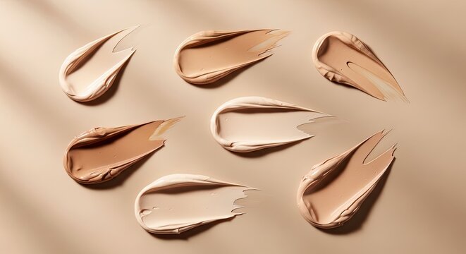 A close-up shot displays several dollops of brown foundation makeup spread across a beige surface. The makeup appears smooth and creamy, with distinct, curved shapes.