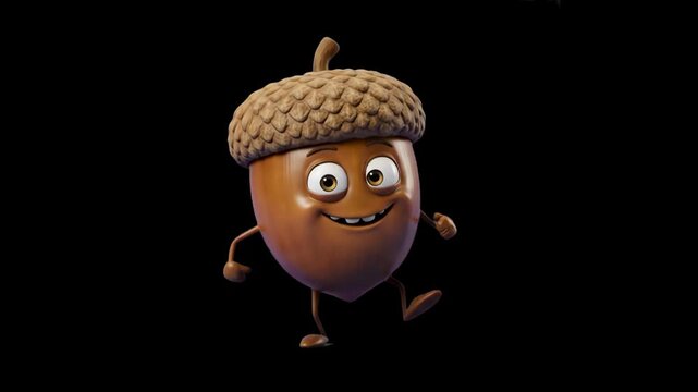 A happy 3D character modeled as an oak acorn with a textured cap performing a fun dance step isolated against a solid black backdrop. Perfect for autumn promos, forest ecology videos, Thanksgiving gra