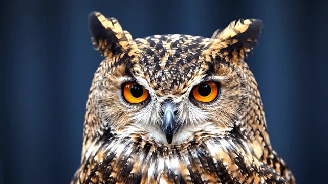 Portrait of owl with intense orange eyes close-up.