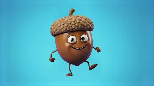 A cheerful 3D cartoon acorn mascot walking and jumping in place against a clean cyan studio backdrop. Excellent for autumn promotions, forest themes, natural food branding, kids media, and creative gr
