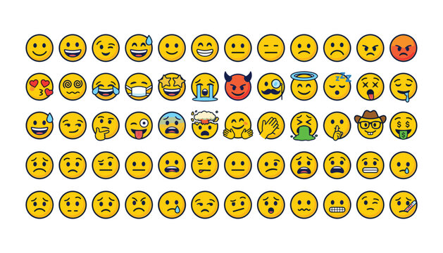 Yellow emoji emoticons vector faces big bundle set with happy sad angry laughing crying surprised and confused expressions