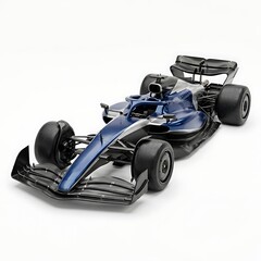 Obraz premium Close-up studio shot of a sleek blue and silver miniature Formula 1 car model on a white background.