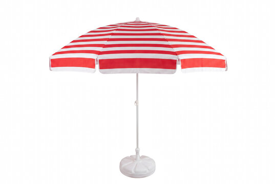 Red and White Striped Beach Umbrella with Stand