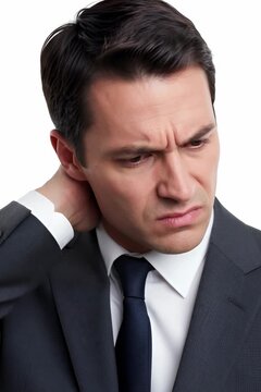 Vertical close-up shot of a stressed businessman in a dark grey suit and tie touching and massaging the back of his neck with one hand. He has a worried, anxious expression with furrowed brows,