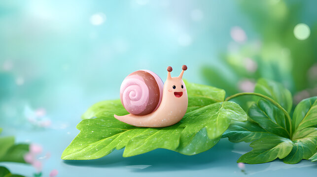Cute happy snail with pink shell on vibrant green leaf. Enchanting creature smiling sweetly