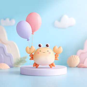 Cute crab character peacefully stands on podium with pastel balloons in whimsical scene