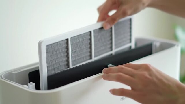 Replacing a dirty filter in a modern home air purifier.