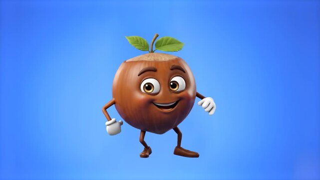 A cute 3D cartoon hazelnut character wearing white gloves happily dances against a smooth blue studio background. This animated asset is well-suited for food marketing, healthy eating videos, and whim