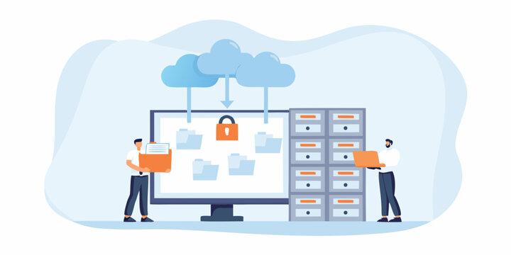 team managing security files flat vector illustration cloud lock folder computer server data protection privacy network technology business workplace collaboration digital storage file