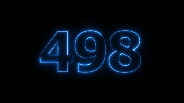 Abstract Glowing Blue Neon Number 498 on Black Background 4k Illustration.