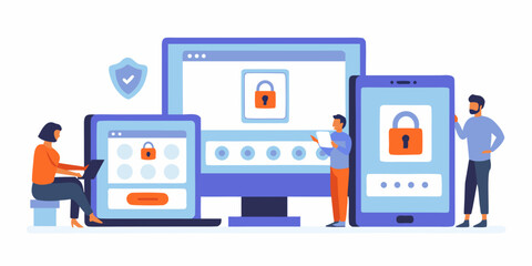 Fototapeta premium cross device security flat vector illustration cross device lock padlock mobile computer tablet people users digital technology interface screen shield icon graphic design concept