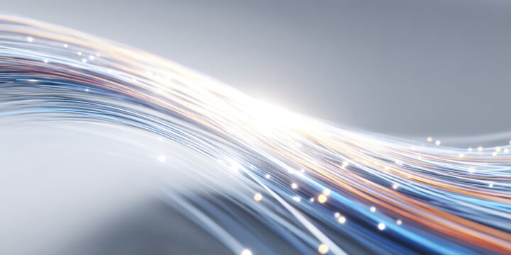 Abstract data flow of light trails with flowing lines on gray background