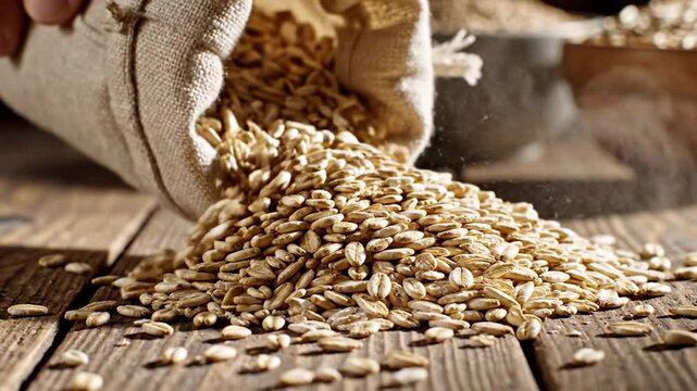 Rolled oats spilling from burlap sack on wood.