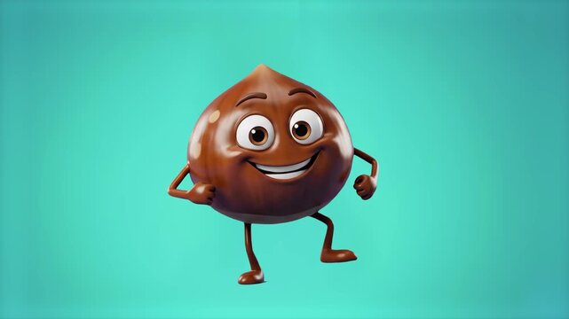 A round 3D cartoon chestnut character with a big smile performs a playful dance step against a smooth teal background. This animated clip is ideal for seasonal food ads, autumn promotions, and childre