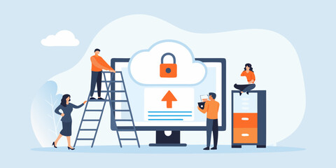 Naklejka premium it professionals securing cloud data flat vector illustration security cybersecurity lock icon computing file cabinet ladder people working digital protection information technology network