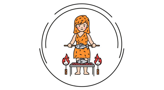 Cavewoman grilling fish outdoors, prehistoric food preparation, ancient cooking