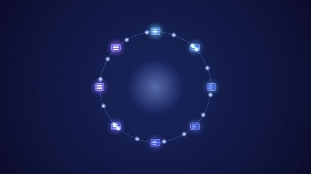 Abstract animated ring all-reduce exchange between compute nodes drawn as blue and cyan glowing lines and dots on a deep dark background. Clean minimal motion graphics element with free space around i
