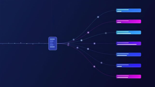 Abstract animated API gateway routing requests to services drawn as blue and cyan glowing lines and dots on a deep dark background. Clean minimal motion graphics element with free space around it, ide