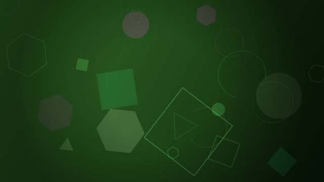 Geometric shapes in various shades of green float against a dark green background.