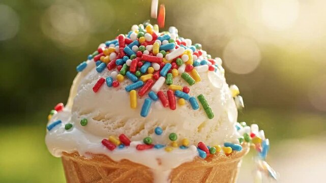 Pastry Chef Decorating a Vanilla Ice Cream Sundae with Colorful Sprinkles