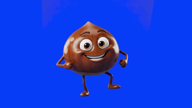 A round 3D cartoon chestnut character with a big smile performs a playful dance step against a solid blue chroma key background. This animated clip is ideal for seasonal food ads, autumn promotions, a