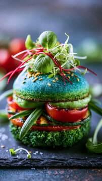 A gourmet, vibrant green veggie burger topped with fresh sprouts, tomato slices, and microgreens on a rustic slate surface.