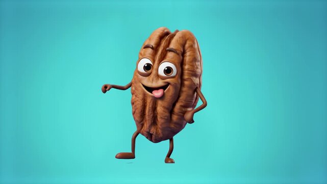 A friendly 3D pecan nut mascot character with a playful expression dancing joyfully isolated on a bright cyan teal background. Perfect for healthy snack advertising, organic food promos, nut brand mar