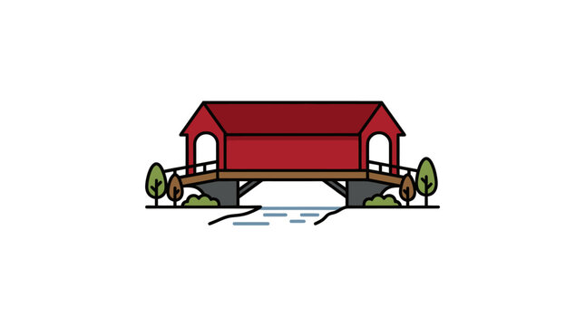 Red covered bridge rural landscape.