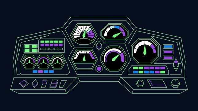 Retro Futuristic Dashboard Vector Illustration with Gauges, Buttons, and Digital Displays, Neon Green Outline on Dark Background, Sci-Fi Technology Concept