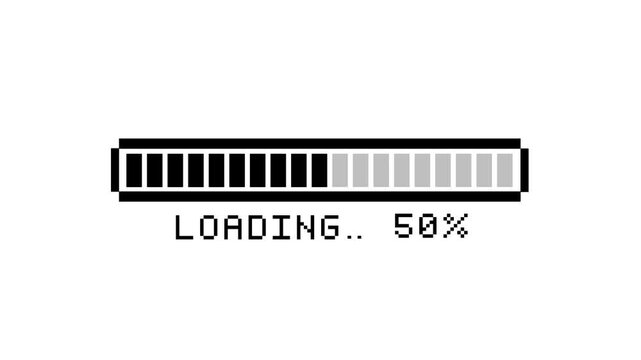 8 bit loading bar progress animation on transparent background. Pixelated 8 bit loading counter bar from 1 to 100 percent complete. 