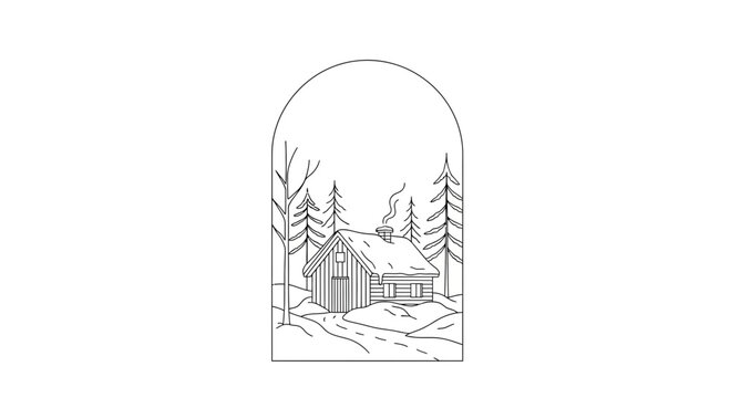 Cozy Cabin in Snowy Forest - Minimalist Line Art Illustration