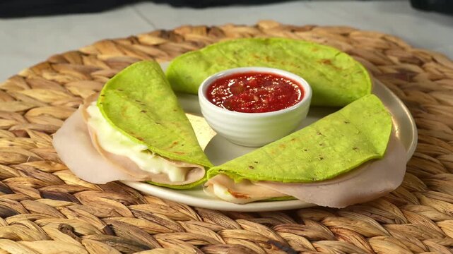 Close up of green nopal tortilla quesadillas with ham and cheese served with red salsa
