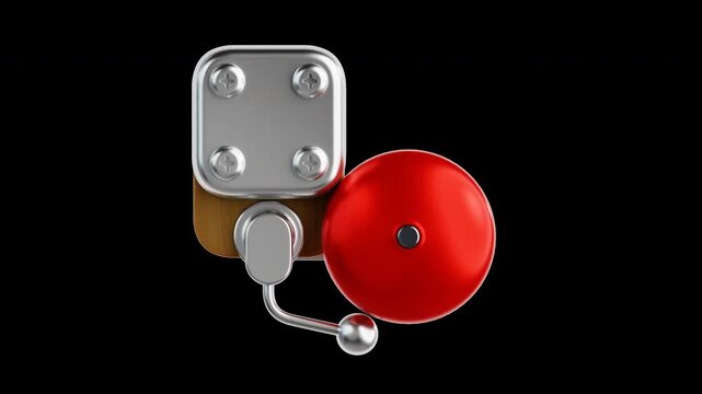 Red electric school bell ringing and vibrating in a 4K 3D looping animation with transparent background, perfect for back to school education, schedule alerts, and classroom presentation concepts.