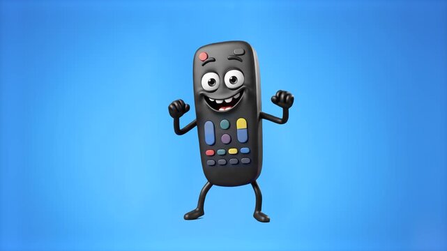 A black TV remote control character celebrates with raised arms against a vivid blue background. Suitable for streaming service commercials, television network promos, and digital media content.