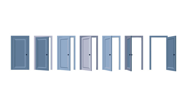 Blue wooden door opening sequence animation set from closed to fully open revealing an empty doorway frame vector illustration