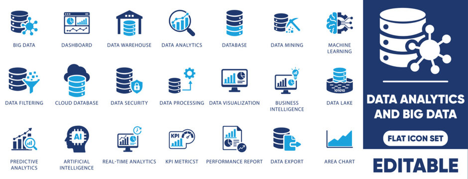 Flat data analytics and big data vector icon set featuring database, machine learning, AI, and dashboard icons.