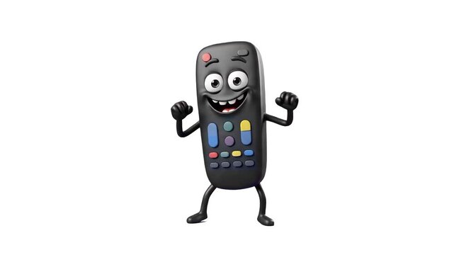 A black TV remote control mascot raises its arms in excitement against a plain white background. Great for electronics marketing, smart home tech ads, and entertainment app graphics.