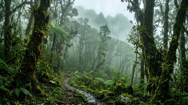 Misty Rainforest Trail Through Dense Tropical Vegetation and Ancient Mossy Trees in the Wilderness