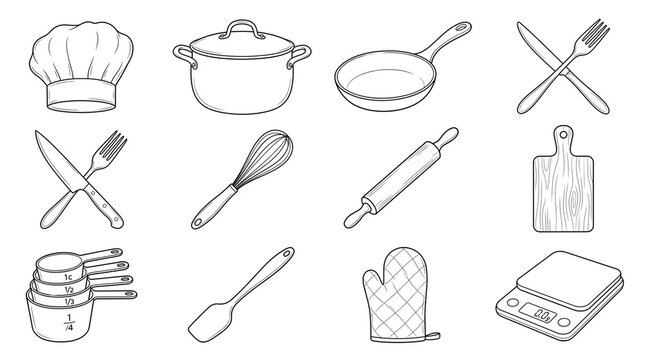 Minimalist kitchen utensils line art set, 12 cooking tools and bakery icons, black and white culinary equipment illustrations for restaurant menus