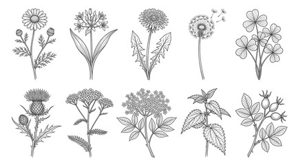 Vintage botanical wildflower sketches, set of 10 hand drawn floral line art elements, black and white medicinal herb illustrations on transparent background © Awais