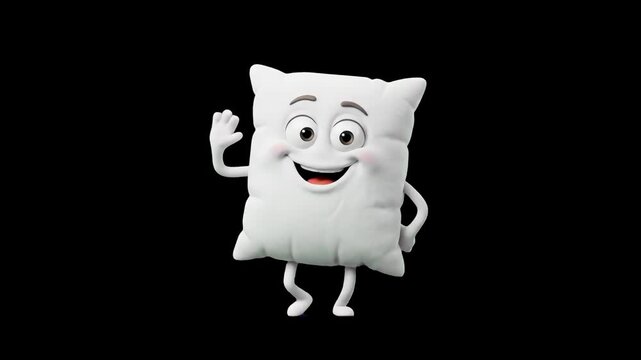 A cheerful 3D animated white pillow character with an expressive face is dancing happily against a solid black background. This clip provides high contrast and a clean composition, suitable for variou