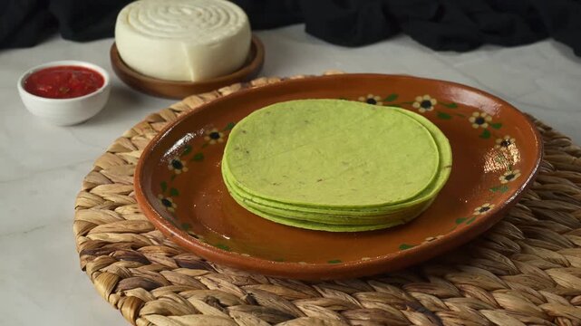 Traditional Mexican green tortillas made of cactus dough with queso fresco and red salsa