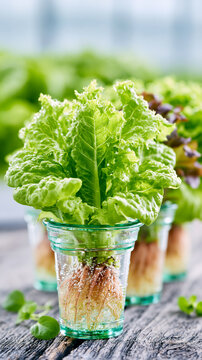 Fresh green lettuce growing hydroponically in a transparent glass container, showcasing roots and vibrant leaves.
