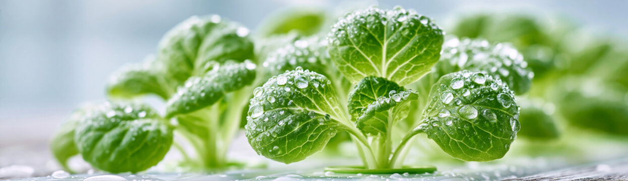 Fresh green bok choy leaves covered in water droplets, showcasing vibrant color and natural texture in bright, soft lighting.