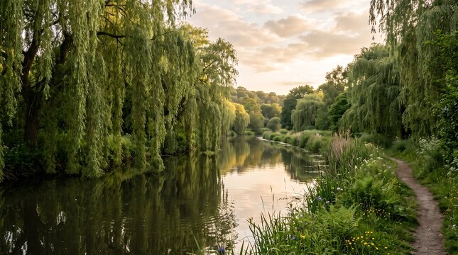 Tranquil River Scene with Lush Green Weeping Willow Trees Reflecting in Calm Water at Sunset