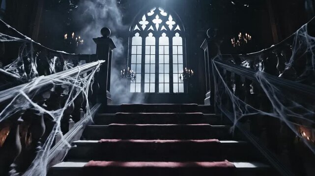 A grim and abandoned gothic mansion staircase features thick cobwebs dangling from the wooden banisters while eerie thick fog rolls through rays of light streaming into the dark hallway at night