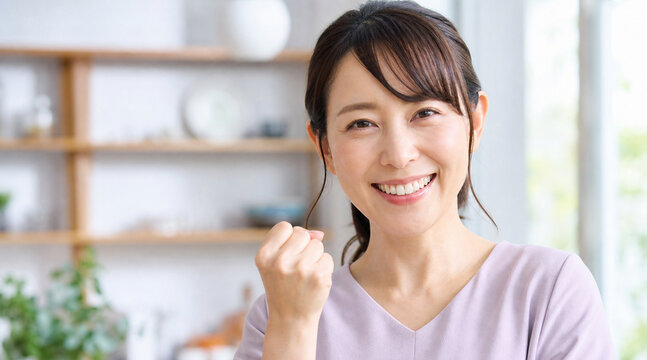 キッチンでガッツポーズをして満面の笑みを浮かべるミドル世代の日本人女性