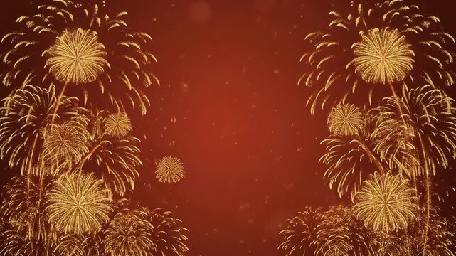 gold fireworks exploding on red background.