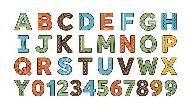 Boho tribal alphabet font collection with uppercase letters and numbers decorated with ethnic patterns lines and dots vector illustration typography set